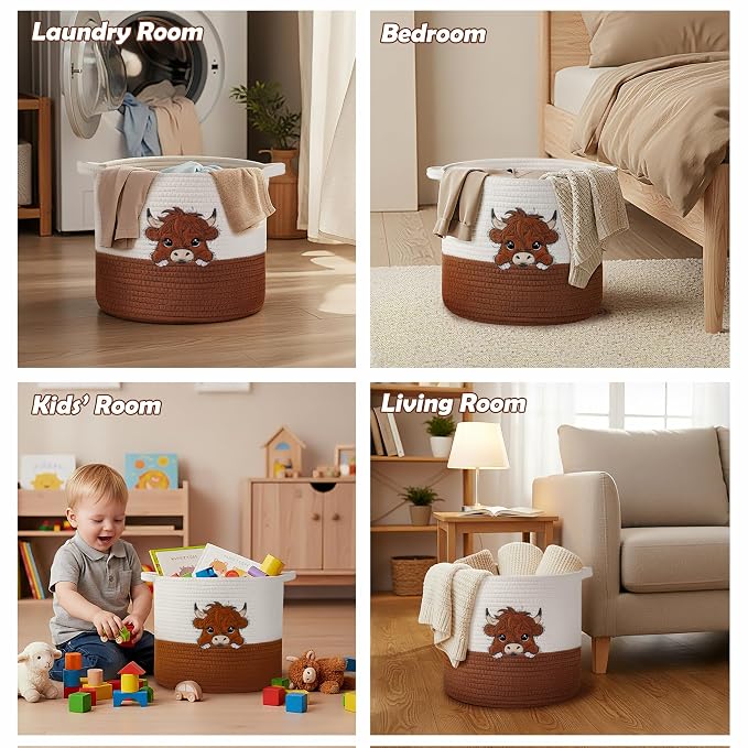 Highland Cow Cute Basket for Nursery, Woven Cotton Rope Storage Basket for Kids, Baby Blanket Organizer with Handles, Storage Basket for Blanket Towel Toys Clothes, Highland Cow Decor, Medium