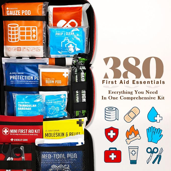 Everlit Care 380 Pcs First Aid Kit All-Purpose Medical Essential Kit for Cuts, Scrapes, Burns, Emergency Preparedness | for Home, Office, Car, Travel, Camping, Outdoor (Black)