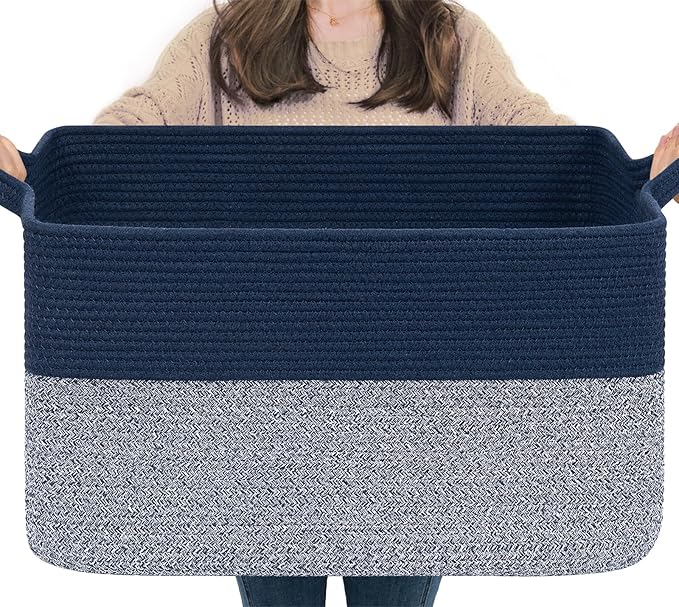 Goodpick 75L Extra Large Woven Blanket Basket, 22" x 17" x 12", Blue | Decorative Storage Basket for Blankets, Clothes & Toys, Living Room & Home Organization, Rectangle Design, Reinforced Handles