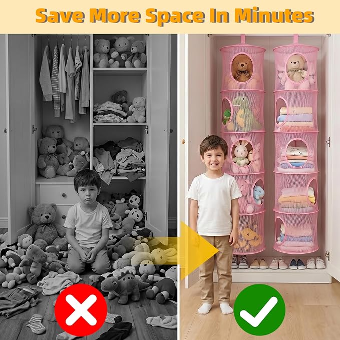 2Pcs Hanging Stuffed Animal Storage Hammock Net 5 Tiers, Pink | Hanging Mesh Storage Organizer for Kids Room, Holds Plushies, Gloves, Hats, Socks, Foldable Space-saving Design