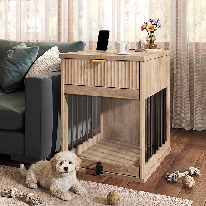 23.6" Small Dog Crate End Table with Charging Station, Dogs Kennel Furniture with Tempered Glass Door and Drawer, Wooden Decorative Dog Crates for Small Medium Dogs, Grey Oak