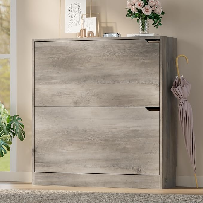 BORNOON Shoe Cabinet with 2 Flip Drawers, Slim Narrow Shoe Storage Cabinet, Freestanding Shoe Organizer with Adjustable & Removable Shelves, Top Display Shelf for Entryway, Hallway, Foyer, Closet