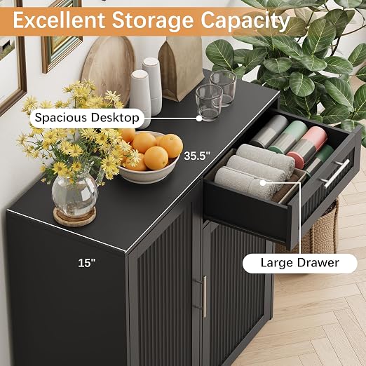 13 Gallons Pull Out Trash Can Cabinet with Storage, Black | Fluted Kitchen Trash Cabinet with Adjustable Shelf & Drawer, Hidden Wood Pet Proof Trash Can Holder for Laundry, Living Room
