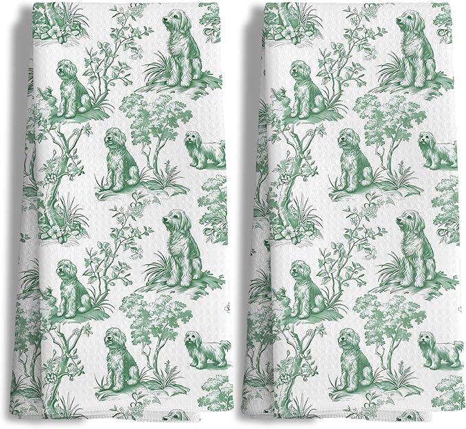 Chinoiserie Golden Doodle Kitchen Towels Set of 2,Golden Doodle Gifts Hand Towels for Kitchen Bathroom Decor, Sage Green Botanical Grandmillennial Dog Decorative Dish Tea Towels, 16x24 Inch