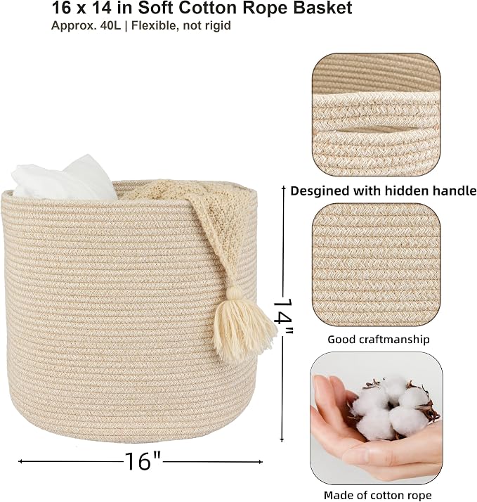 XUANGUO Cotton Rope Basket For Girls Boys Kids 16”X14” | Baby Laundry Baskets, Blanket Basket, Nursery Bin; Round Woven Basket Organizer for Toy Storage, Blankets, Shoes and Clothes