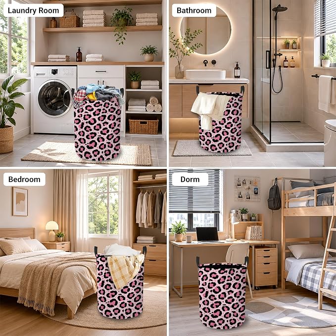 Pink Leopard Laundry Basket Oxford Cloth Laundry Hamper With Handle Foldable Portable Clothes Storage Basket Storage Bag For Laundry Room/Bathroom/Bedroom/Dormitory 20.8"x16"