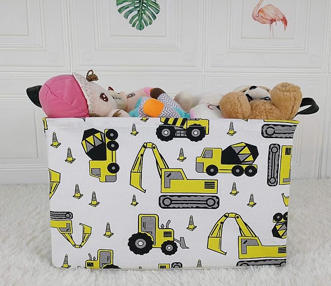 Kid Storage Basket Gift Shelf Basket Toy Storage Bin, Nursery Basket Organizer Box for Children Room Deco With Handles (Yellow Excavator)