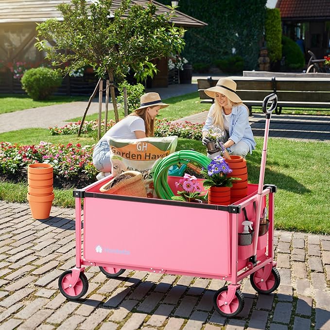 29.3" Collapsible Wagon Cart, 150L Heavy Duty Folding Utility Wagon with Wheels, 260 lbs Load, Portable Rolling Cart for Garden, Shopping, Sports, Camping, Pink