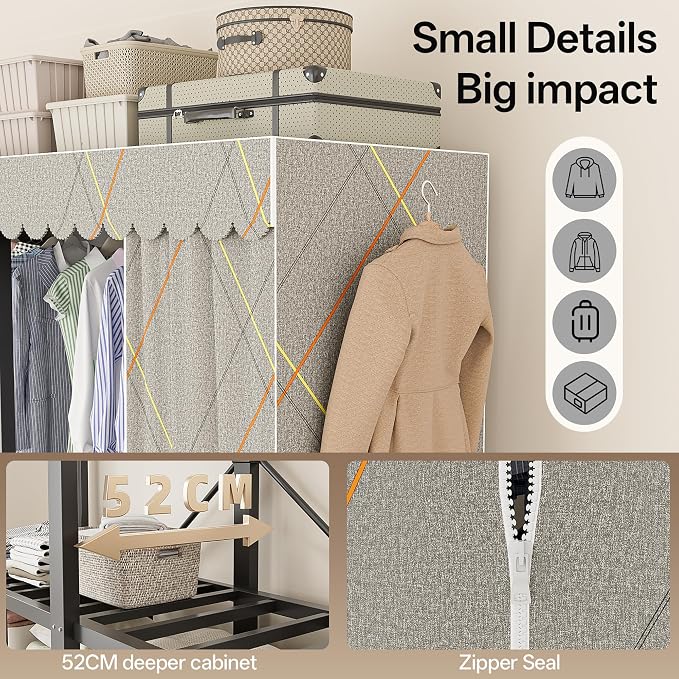 71in Heavy Duty Portable Closet with Cover, 1500lbs Foldable Covered Metal Clothing Wardrobe Closet System, Heavy Duty Garment Rack for Hanging Clothes, for Bedroom,Apartment,Rental Property,Gray