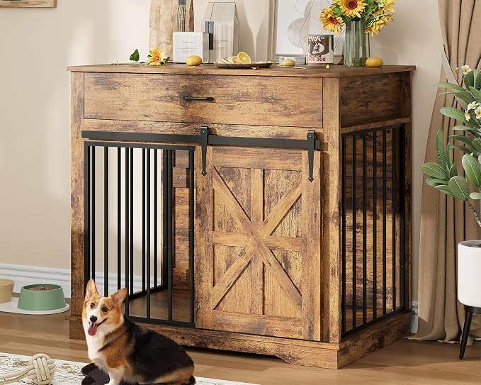 GarveeHome Dog Crate Furniture, 37.8" Large Dog Kennel Indoor, Wooden Kennel Table with Sliding Barn Door and Storage Drawer, Indoor Dog House for Large/Medium/Small Dogs (Brown)