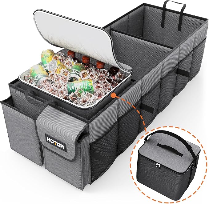 HOTOR Trunk Organizer, Sturdy Foldable with Cooler for Car, Sudan & SUV | Car Organizers and Storage, Detachable Cooler Bag, for Tools, Camping, 3 Compartments, Grey, 31.5” x 12.6” x 10.6”