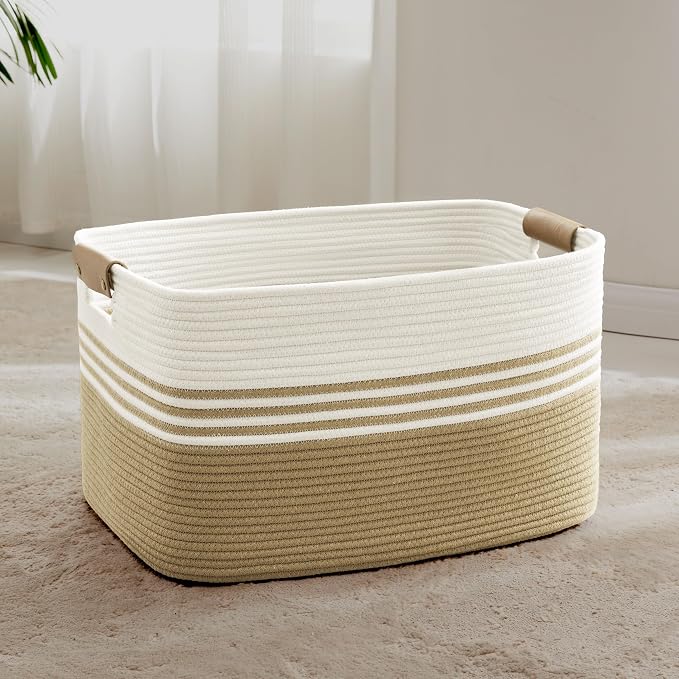72L Large Woven Laundry Basket Hamper with Leather Handles,Khaki | collapsible wicker hamper, storage for dirty clothes, toys, blankets, gifts, living room, bedroom, bathroom, 22"x17"x12"