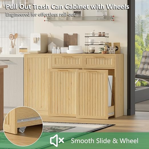Double 13 Gallon Pull Out Trash Can Cabinet with Storage Cabinet,Natural | Pet Proof Hidden Garbage Can Cabinet,3-Tier Shelves,Fluted Design,Extra Drawer Space,Kitchen & Dining Room Organization