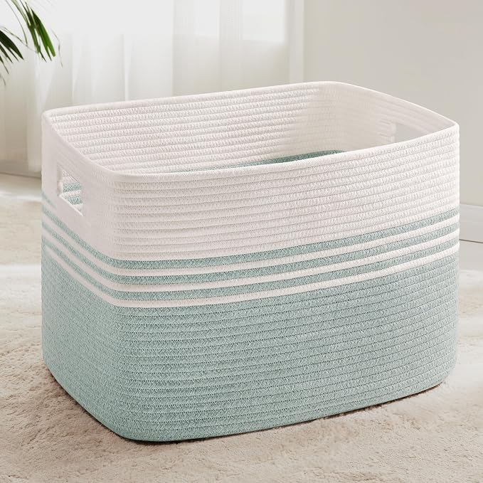 100L Extra Large Woven Laundry Basket Hamper with Handles, Green | collapsible wicker hamper, storage for dirty clothes, toys, blankets, gifts, living room, bedroom, bathroom, 24"x16"x16"