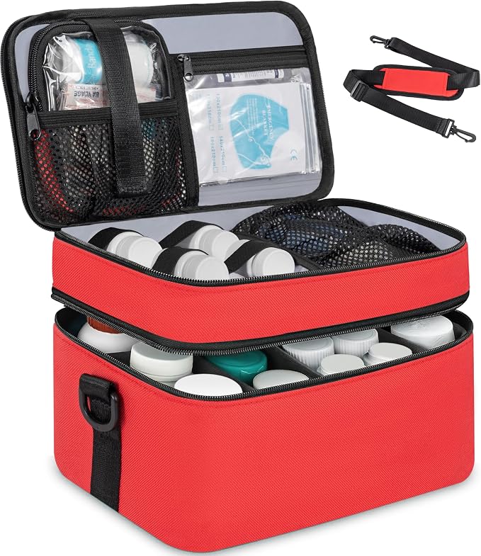 2 Layers Medicine Organizer Bag with Portable Pouch, Pill Bottle Organizer | Lockable Medical Travel Case for Pills, Vitamin, Medical Supplies