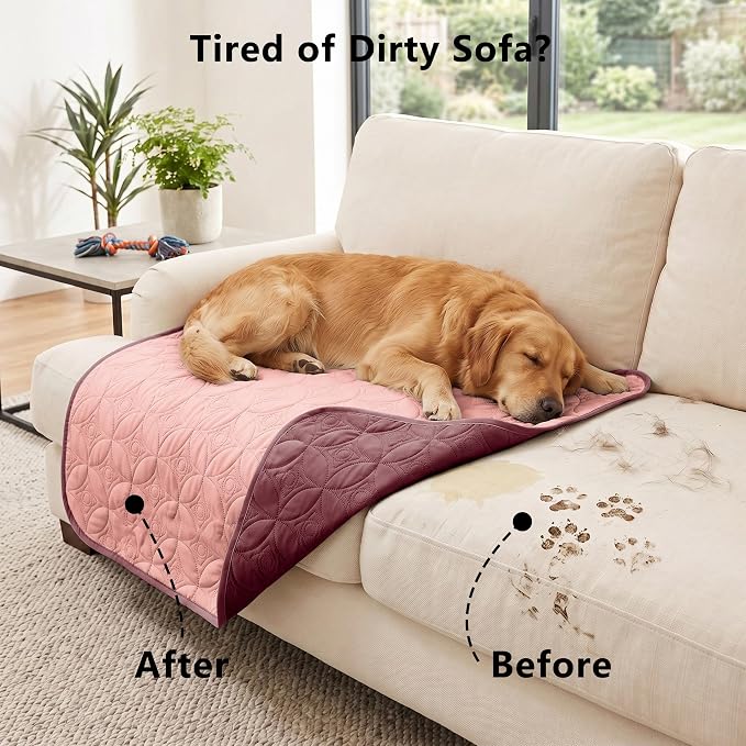 Waterproof Couch Cover for Dogs - Washable Pets Furniture Protector | TPU Leak-Proof Liner, Lightweight & Reversible, Fits Chair, Sofa, Bed, 52" x 82" , Burgundy/Pink