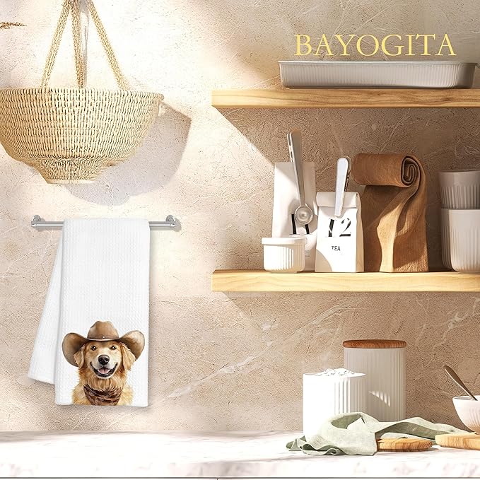 Western Golden Retriever Dog Gifts Kitchen Towels Decorative - Gifts for Golden Retriever Lovers Dish Tea Towels for Kitchen Drying, Cowboy Dog Hand Towels for Bathroom Decor, 16x24 Inch