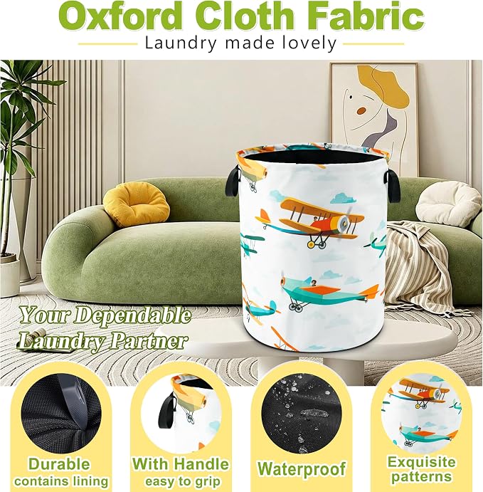 Airplane Cartoon Laundry Basket Foldable Waterproof Hamper 18.9 x 16.5 Inch | Oxford Cloth With Reinforced Handles Lining Design Large-Capacity Storage For Bathrooms/Laundry Rooms/ Living Rooms/Bedrooms