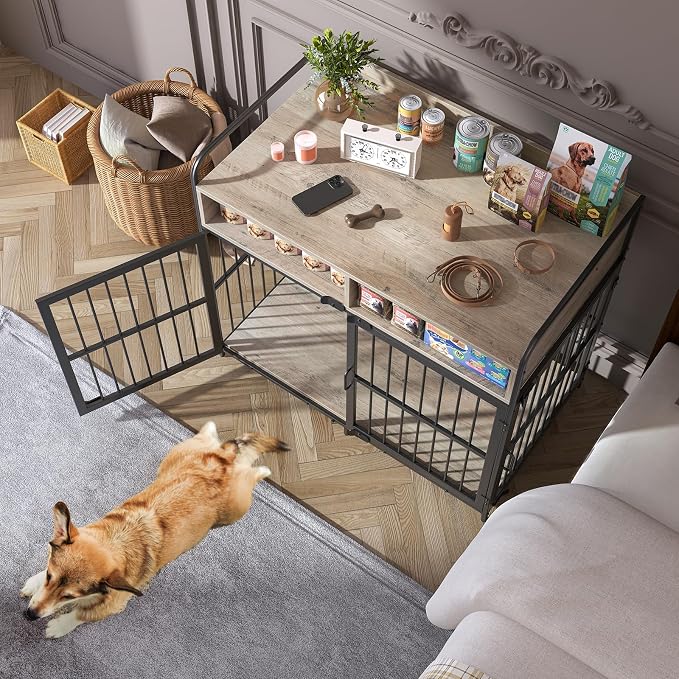 Large Furniture Dog Crate, Dog Kennel Indoor, Wood Dog Cage Table with Drawers Storage, Heavy Duty Dog Crate, Jaula para Perros, Sturdy Metal, 40.5" L×23.6" W×35.4" H, Rustic Grey
