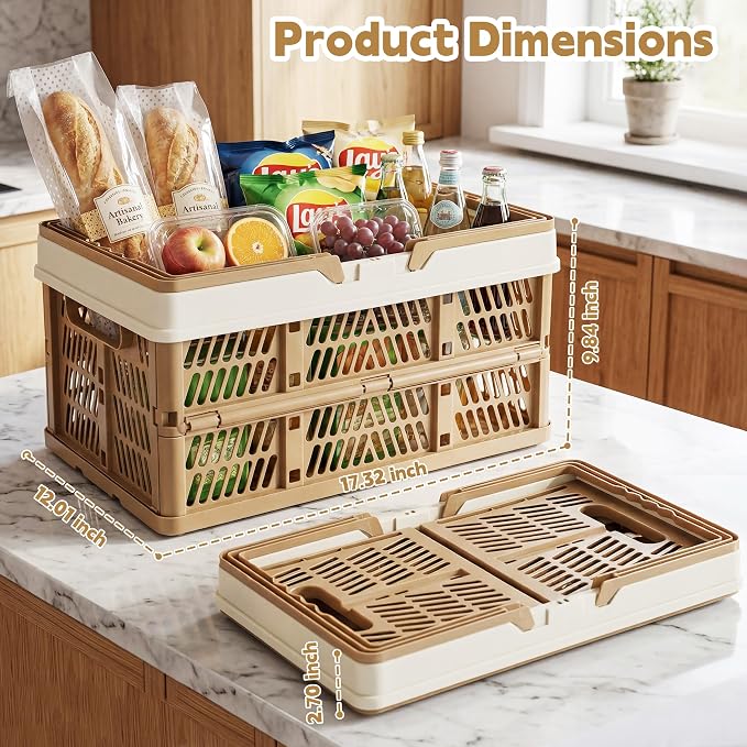 VALESKA 33L Collapsible Crate for storage, Plastic Milk Crate,17inch Collapsible Crates for Storage, Foldable Shopping Basket with Handles,Car Trunk Basket,for Kitchen(Brown)