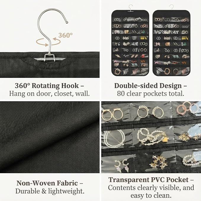 Hanging Jewelry Organizer with 80 Clear Pockets | Double Sided Jewelry Storage Organizer for Necklaces, Earrings and Accessories with Closet Hanging Design