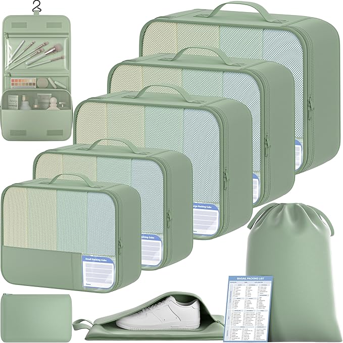 BAGAIL 9 Set Packing Cubes with Packing List Luggage Packing Organizers for Travel Accessories (Matcha Green)