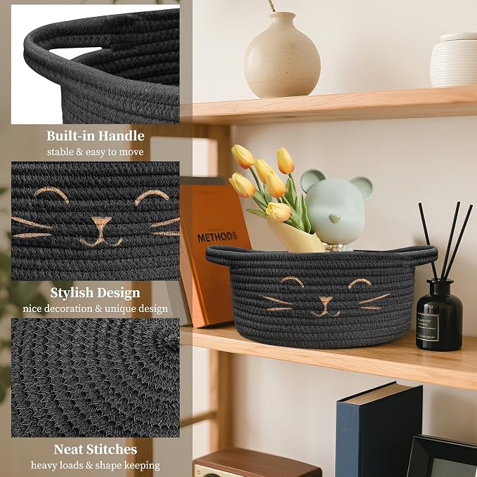 Small Cat Toy Basket, Gift Baskets Empty for Baby Shower,9.8" x 4" | Boo basket Cute Woven Rope Storage Basket for Home Decor, Baby Baskets for Nursery, Cat Pet toy box, Black
