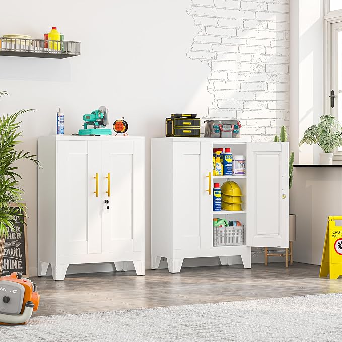 Small Metal Storage Cabinet, Lockable Tool Cabinet with Doors and 2 Shelves | Compact 23.6-Inch Width, 2 Adjustable Shelves, Locking Doors, Magnetic Closure, Adjustable Feet, Cold-Rolled Steel