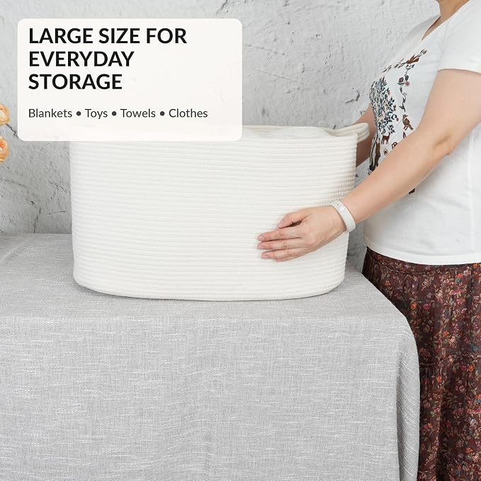 XUANGUO Large Rectangle Woven Cotton Rope Blanket Basket 22"x17"x12" White | Storage basket for nursery and living room; toy basket for kids, dog toy storage, or laundry basket for clothes and towels.