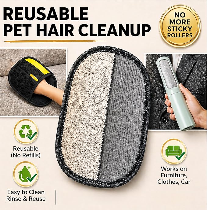 Jaxabby Products Reusable Pet Hair Remover Kit – 3-Piece Set with Fabric Pads & Self-Cleaning Lint Roller for Clothes, Furniture, Couch & Car, No Refills, Eco-Friendly (Pastel Green)