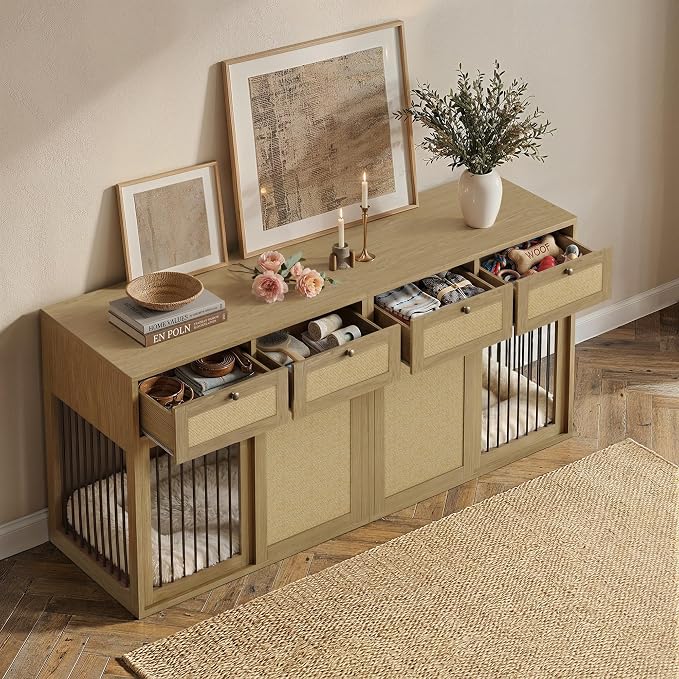 PureCozy 2-Piece Double Dog Crate Furniture, 80 Inch, Light Oak | Left and right kennels for 2 dogs with metal sliding doors, cane cabinets and 4 drawers; furniture-style indoor console.