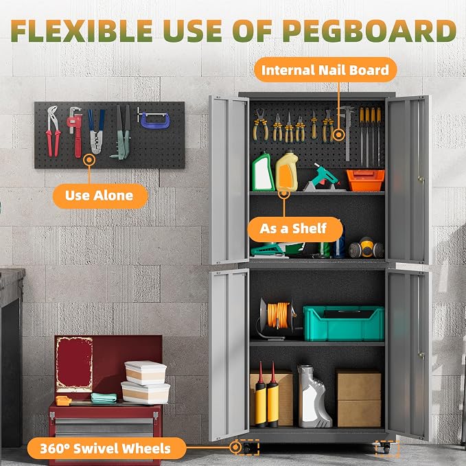 71''H Garage Storage Cabinet with Wheels, Meatl Storage Cabinet with Lock | Tool Storage Cabinet, Steel Tool Cabinet with 4 Doors and Shelves for Garage, Warehouse, Assembly Required, Gray