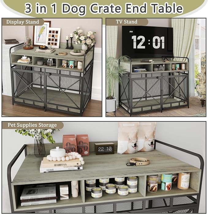 Fulhope Dog Crate Furniture, 48" Heavy Duty Wooden Dog Crate End Table, XL Dog Kennel Furniture Large Breed, Decorative Dog Kennel Indoor with 3 Drawers & Steel Tubes 48" L x28 W x38 H (Grey)