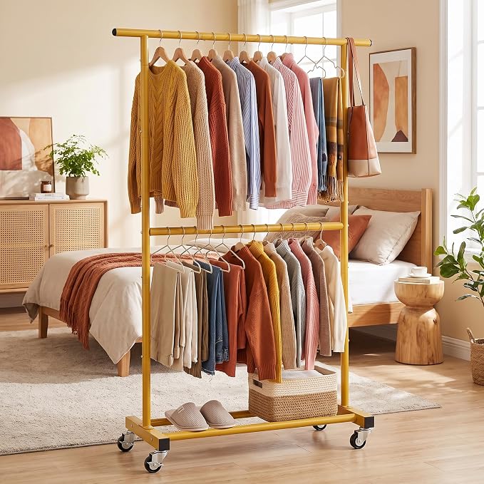 Sywhitta Double Rod Metal Clothing Garment Rack on Wheels, Gold | Rolling Clothes Organizer, for Hanging Clothes,Coats,Easy to Assemble,Space-Saving,Mobile Organizer for Closet