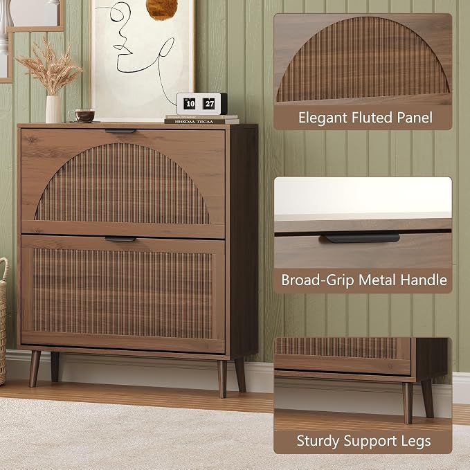BORNOON Shoe Cabinet for Entryway with 2 Flip Drawers, Slim Wooden Shoe Storage Organizer with Modern Fluted Pannel，Freestanding Narrow Hidden Shoe Rack for Hallway, Foyer, Living Room