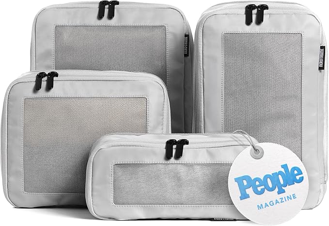 Compression Packing Cubes for Travel, 4-Pack, Light Grey | Solves overpacking, 4-Piece set fits most carry-ons, 50% Space savings, Compression luggage organizer bags
