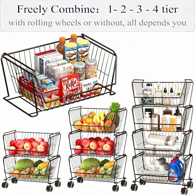 PUSDON 4-Tier Large Stackable Wire Storage Baskets with Wheels, Metal Rolling Utility Cart Organizer, Produce Basket for Kitchen Pantry, Floor Shelf, Vintage Bronze