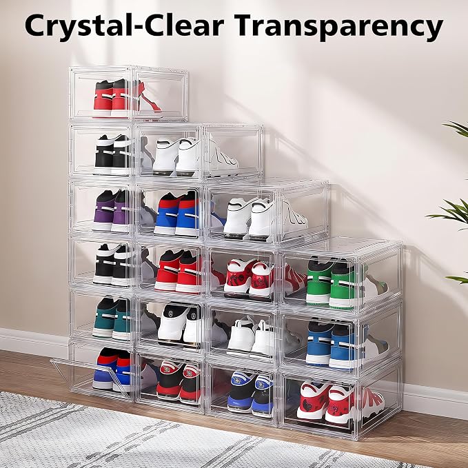 12 Pack Acrylic Shoe Boxes, Ultra Clear Shoe Boxes Stackable, Shoe Storage Box Sneaker Storage for Sneakerhead, Foldable Shoe Organizer with Magnetic Door, Professional Shoe Display Fits US Size 15