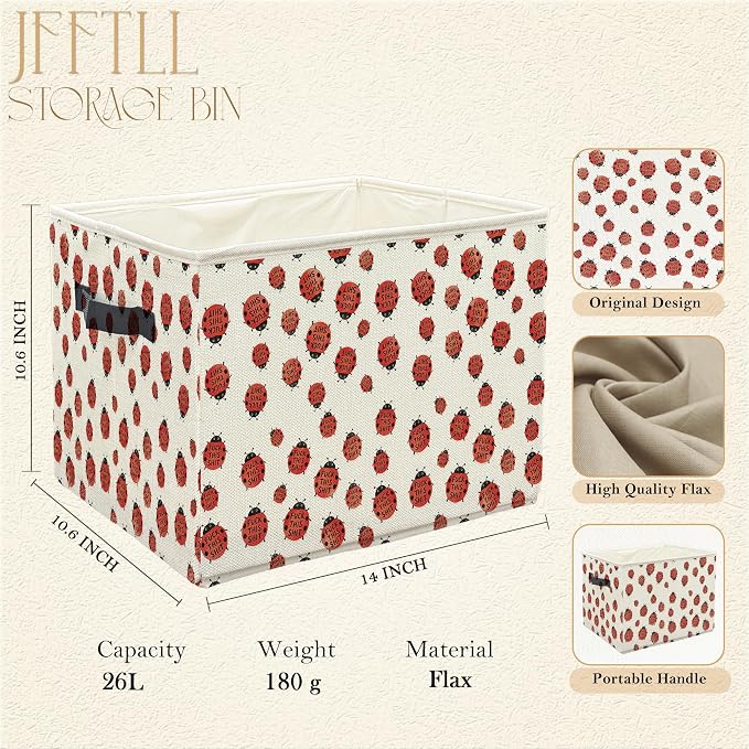 Funny Ladybugs Storage Bins with Handles, Ladybug Decor, Red and White Ladybird Collapsible Laundry Basket Storage Box for Home Bedroom Bathroom Clothes Toys Books