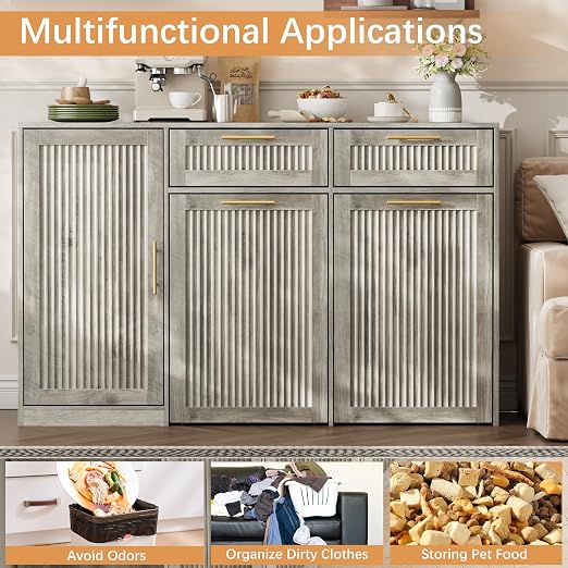 2 X 13 Gallons Double Pull Out Trash Can Cabinet with Storage & Drawers | 54"W Kitchen Trash Cabinet with Adjustable Shelf & Drawer, Hidden Garbage Can Cabinet for for Laundry, Living Room