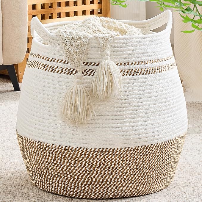 KAKAMAY Large Cotton Rope Woven Basket for Storage (17"x17"), Collapsible Laundry Hamper for Baby, Blanket Basket for Organizing Living Room, Nursery, Clothes, Toy Chest, Brown Stripes