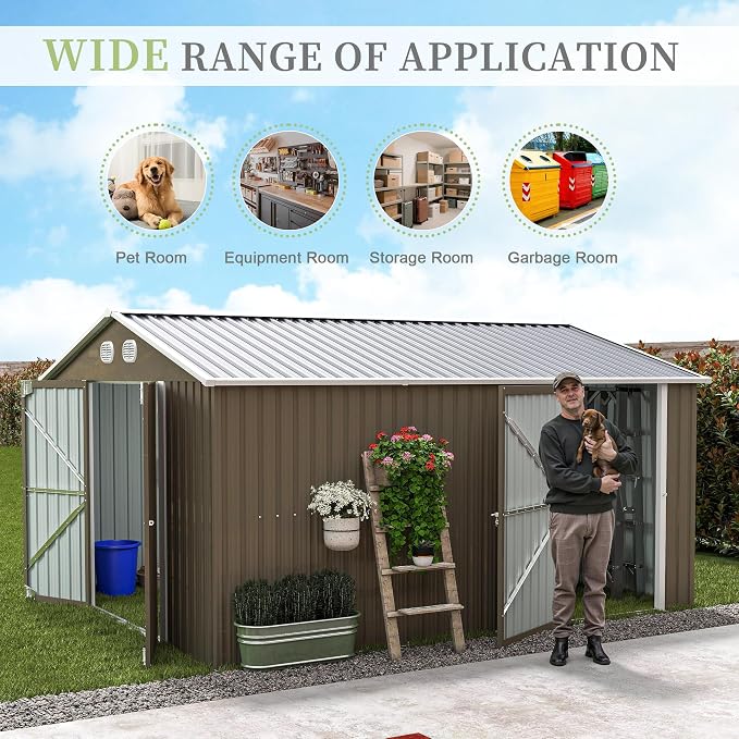 10x12 FT Metal Storage Shed, Large Storage Shed with Lockable Doors and Sloped Roof, Outdoor Tool Shed with Ample Ventilation for Garden, Lawn, Backyard, Coffee
