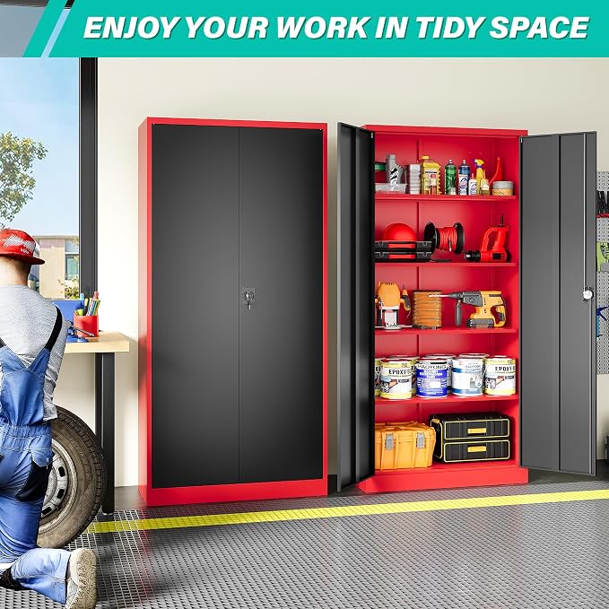 Wide & Deep Metal Storage Cabinet with Lock & Adjustable Shelves,72" Red Black Garage Storage Cabinet with Locking Doors,Lockable Cabinets for Home,Office,Shop,Garage,Basement 72x36x18