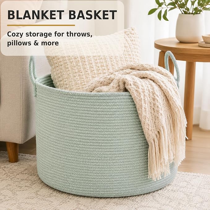 XUANGUO 66L Large Blanket Basket, Round Cotton Rope Basket, Light Green | 20" x 13" Laundry Basket with Sturdy Handles for Blankets, Pillows and Toys; Storage for Living Room, Bedroom and Nursery