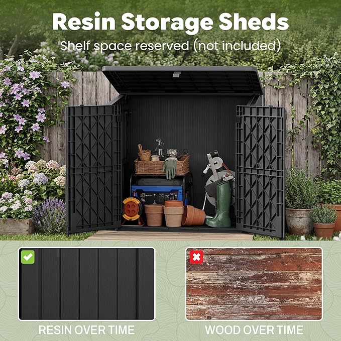 LHBcraft Waterproof Outdoor Storage Box 36 Cu Ft with Lockable Doors, Portable Horizontal Resin Storage Shed, Outdoor Storage Cabinet for Backyards