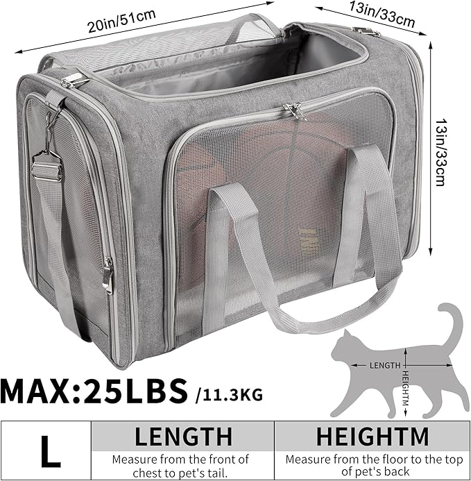 Soft-Sided Cat/Dog/Pet Carrier, Collapsible Pets Travel Carriers | For Big Cats/Small Dogs with Shoulder Strap & Removable Mat, Mesh Puppy Carry Bag, Up to 25 Lbs, TSA Airline Approved(Gray)