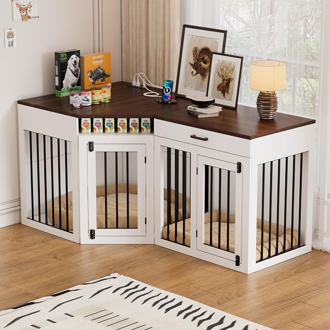 PAKASEPT 3 in 1 Extra Large Corner Dog Crate Furniture for 3 Dogs,Wooden Dog Crate Kennel with 2 Drawers,Divider,Power Outlet,Heavy Duty Double Dog Kennel TV Stand Indoor for Small,Medium,Large Dogs