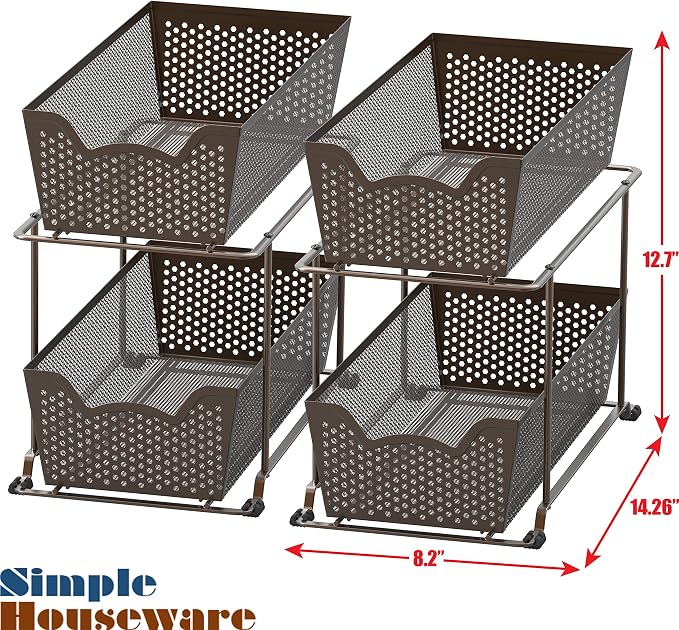 Simple Houseware Cabinet 2 Tier Perforated Basket Drawer, Bronze - 2 Pack