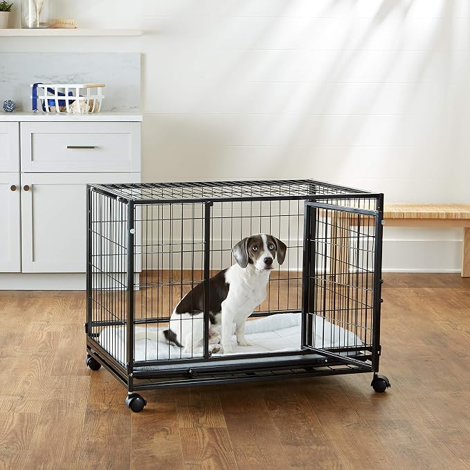 Amazon Basics - Portable Heavy Duty Stackable Dog & Pet Kennel with Tray, Black, 24.0" L x 28.0" W x 37.0" H
