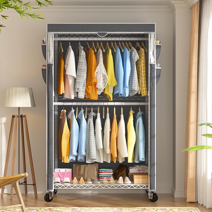 Raybee Clothes Rack with Cover, Rolling Portable Closet, 2 Rods & 2 shelves | Heavy Duty, Tool-free Assembly, Adjustable, Lockable Wheels, Freestanding, Covered, Zippered, Saving Space for Bedroom,Dorm